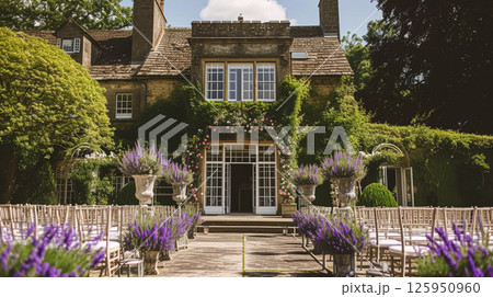 Aisle with wooden chairs and purple lavender floral decorations at an outdoor wedding ceremony in the garden 125950960