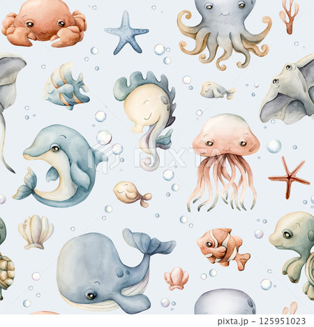 Cute sea animals shells. Adorable underwater world. Watercolor summer seamless pattern on blue background for kids baby nursery textile fabric, wrapping paper, ocean design, pastel neutral style 125951023