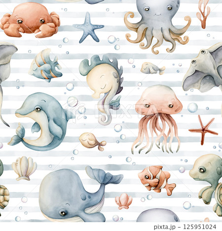 Cute sea animals shells. Adorable ocean underwater world. Watercolor summer seamless pattern on white background with blue stripes for kids baby nursery textile fabric, wrapping paper, pastel neutral Cute sea animals shells. Adorable ocean underwater world. Watercolor summer seamless pattern on white background with blue stripes for kids baby nursery textile fabric, wrapping paper, pastel neutral 125951024