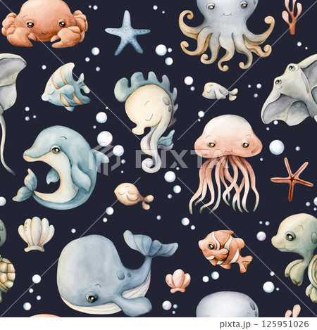 Cute sea animals shells. Adorable underwater world. Watercolor summer seamless pattern on dark blue background for kids baby nursery textile fabric, wrapping paper, ocean design, pastel neutral style Cute sea animals shells. Adorable underwater world. Watercolor summer seamless pattern on dark blue background for kids baby nursery textile fabric, wrapping paper, ocean design, pastel neutral style 125951026