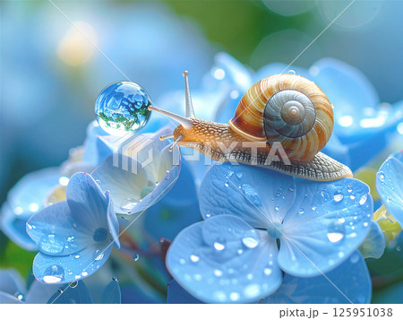 美しいペールブルーあじさいの上の美しい水滴とかたつむり 125951038
