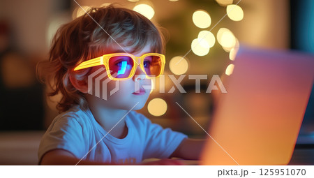 A kid boy learns online using futuristic technology. The concept of the integration of advanced digital tools in education, and learning experiences for the future generation. Generative AI. 125951070