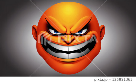 An infuriated cartoon character, featuring a bright orange face and a menacing, wicked grin 125951363
