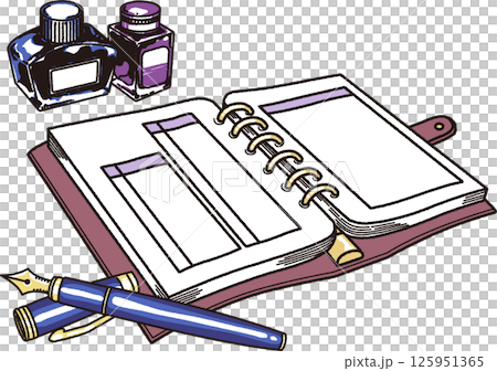 手帳と万年筆とボトルインクのイラスト 125951365