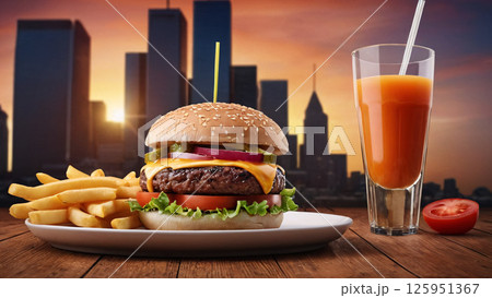 Savoring a Delicious Cheeseburger Accompanied by Crispy Fries and Refreshing Juice at Sunset 125951367