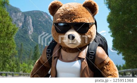 A teddy bear that is stylishly wearing sunglasses and a backpack 125951368