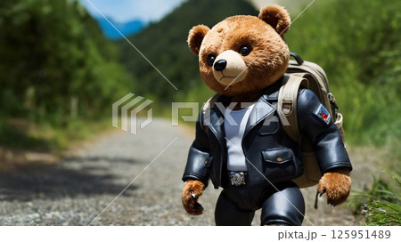 A cute teddy bear carrying a small backpack is walking down a dirt road A cute teddy bear carrying a small backpack is walking down a dirt road 125951489