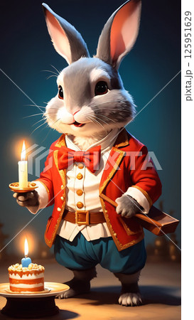 A cute rabbit is holding a lit candle in front of a delicious cake 125951629