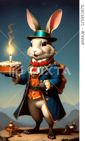 A rabbit holds a cake with a lit candle, celebrating a special occasion 125951670