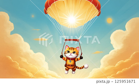 A Playful and Adventurous Cat Joyfully Parachuting in a Bright, Clear Blue Sky on a Lovely Sunny Day 125951671