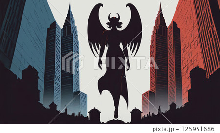 An Impressive and Dramatic Silhouette of a Winged Figure Set Against an Urban Landscape 125951686
