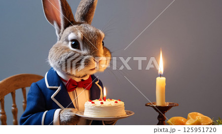 A rabbit in a tuxedo is holding a cake with candles on it 125951720