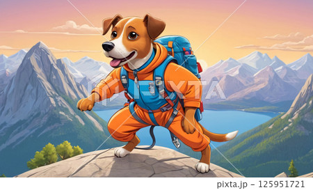 An Adventurous Dog Hiking in the Majestic Mountains, Equipped with a Colorful Backpack 125951721