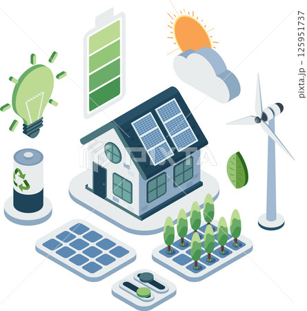 Isometric Energy Conservation Home with Sustainable technology Isometric Energy Conservation Home with Sustainable technology 125951737