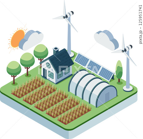 Isometric Sustainable Farm with Renewable Energy and Crops 125951741