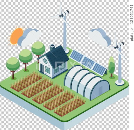 Isometric Sustainable Farm with Renewable Energy and Crops 125951741