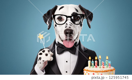 A dalmatian in a tuxedo and glasses holds a birthday cake 125951745
