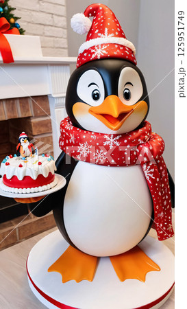 A cute penguin wears a santa hat and scarf, holding a cake 125951749