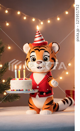 A tiger in a party hat holds a delicious birthday cake A tiger in a party hat holds a delicious birthday cake 125951752