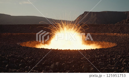 A significant large fire is currently erupting from a hole in the ground A significant large fire is currently erupting from a hole in the ground 125951753