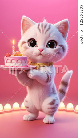 A lovely cat is proudly holding a birthday cake with a candle on it 125951805