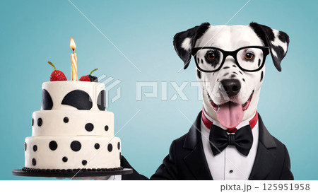 A dalmatian dog, dressed in a classy tuxedo, is proudly holding a birthday cake 125951958