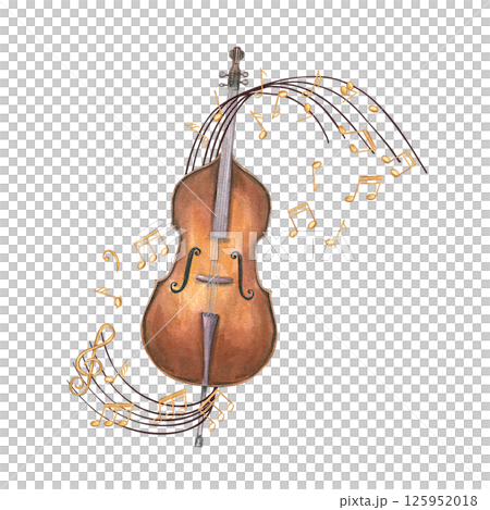 Cello embraced by curling musical staff with floating notes romantic watercolor illustration isolated background. Musical composition for concert posters, school materials, and elegant stationery 125952018