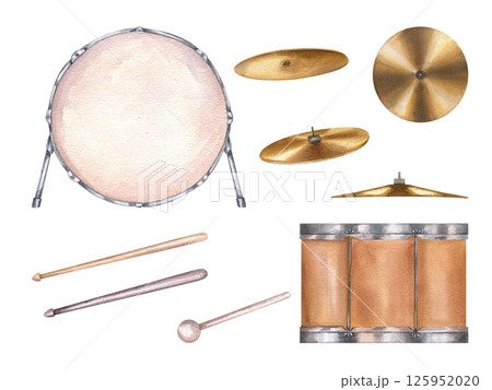 Watercolor drum set collection isolated background. Hand painted kick drum, snare, toms, different cymbals and sticks illustration clip art. For music posters, drummer merch, and rock themed designs 125952020