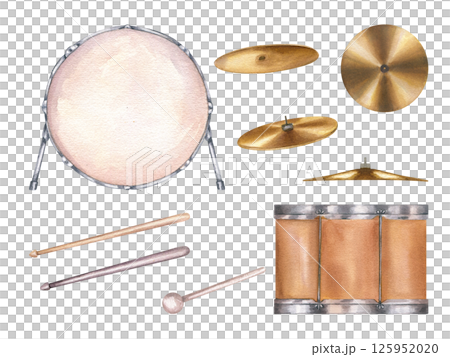 Watercolor drum set collection isolated background. Hand painted kick drum, snare, toms, different cymbals and sticks illustration clip art. For music posters, drummer merch, and rock themed designs 125952020
