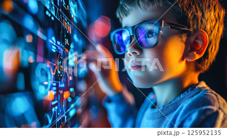 A kid boy learns online using futuristic technology. The concept of the integration of advanced digital tools in education, and learning experiences for the future generation. Generative AI. 125952135