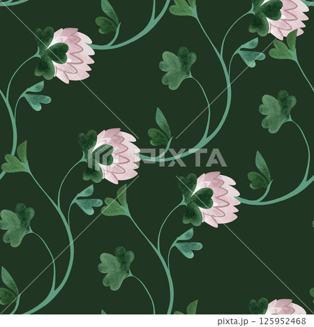 Textile seamless floral pattern with clover flowers and shamrocks in vintage style. Design for kitchen home textiles, tablecloths, curtains, bed linen, dress fabrics, wrapping paper. 125952468