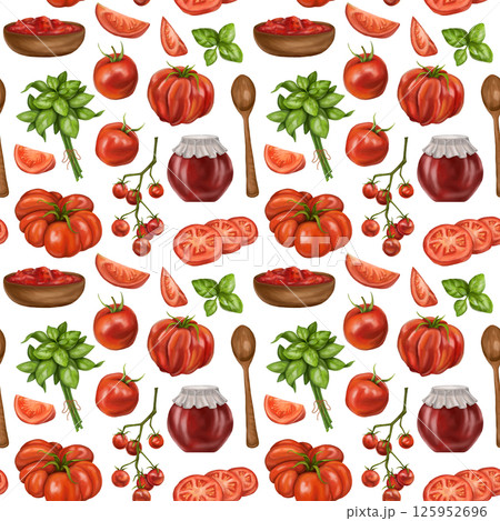 A seamless pattern with juicy red tomatoes, wooden plates with sauces. A healthy diet of vegetables and ingredients. Floral background for packaging and textiles. Digital isolated illustration A seamless pattern with juicy red tomatoes, wooden plates with sauces. A healthy diet of vegetables and ingredients. Floral background for packaging and textiles. Digital isolated illustration 125952696
