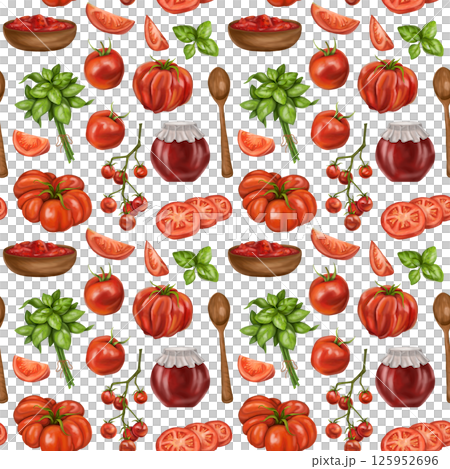 A seamless pattern with juicy red tomatoes, wooden plates with sauces. A healthy diet of vegetables and ingredients. Floral background for packaging and textiles. Digital isolated illustration A seamless pattern with juicy red tomatoes, wooden plates with sauces. A healthy diet of vegetables and ingredients. Floral background for packaging and textiles. Digital isolated illustration 125952696