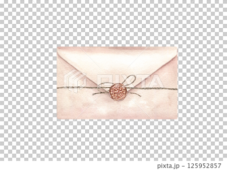 Hand painted sealed envelope tied with twine and stamped with ornate wax seal watercolor illustration isolated background. Vintage postal design for wedding invitation, love letter, nostalgic decor. 125952857
