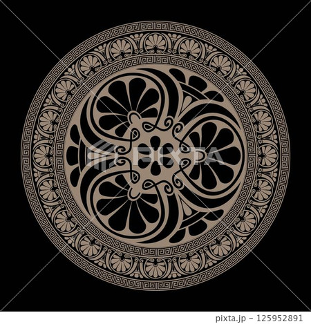Classic Greek round ornament plate. Gold round frame with Greek meander, Byzantine pattern. Circle of Ancient Greece, Roman Empire. For design for ceramic, textile, embroidery, porcelain, engraving 125952891
