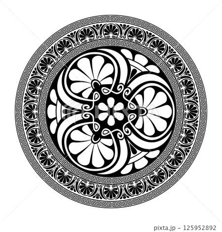 Classic Greek round ornament. Black, white round frame with Greek meander, Byzantine pattern. Circle of Ancient Greece, Roman Empire. For design for ceramic, textile, embroidery, porcelain, engraving 125952892