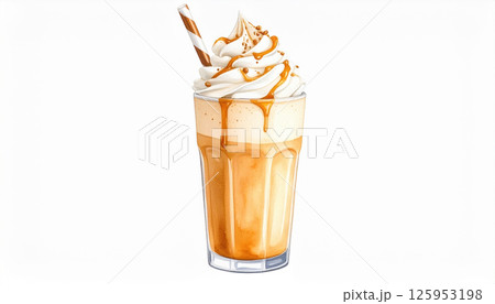 Creamy caramel milkshake with whipped cream and caramel drizzle in glass, topped with striped straw 125953198