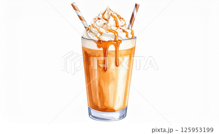 Delicious caramel iced coffee with whipped cream and striped straws, perfect for refreshing treat 125953199
