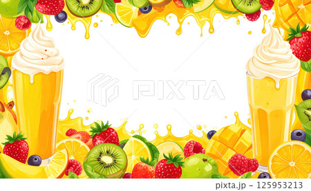 Colorful fruit smoothie border with strawberries, kiwis, and citrus fruits surrounding two creamy milkshake glasses. Refreshing and vibrant 125953213
