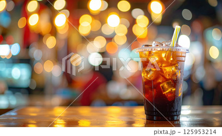 Oliang, Thai iced black coffee. Refreshing Thai iced coffee sits on wooden table 125953214