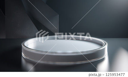 White pedestal in the studio room, mockup stand for presentation. Generated AI. 125953477