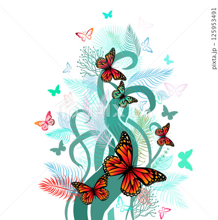 Abstraction with flowers and butterflies. hand drawn. Not AI, Vector illustration 125953491