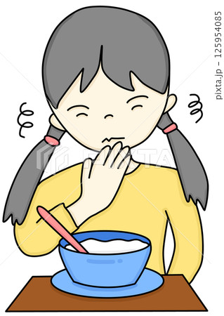 A hand-drawn cartoon of a woman feeling nauseous and unable to eat her meal A hand-drawn cartoon of a woman feeling nauseous and unable to eat her meal 125954085