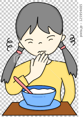 A hand-drawn cartoon of a woman feeling nauseous and unable to eat her meal A hand-drawn cartoon of a woman feeling nauseous and unable to eat her meal 125954085