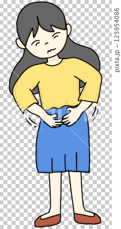 A hand-drawn cartoon of a woman experiencing stomach pain 125954086