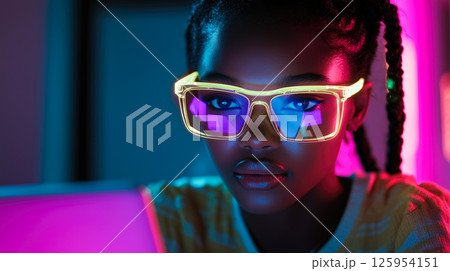 A student woman learns online with futuristic technology. The concept of education, innovation, and digital learning. Generative AI. 125954151