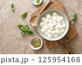 Mozzarella cheese balls, top view 125954168