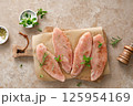 Meat. Raw turkey tenderloin meat, turkey steaks with ingredients for cooking, top view 125954169