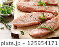 Meat. Raw turkey tenderloin meat, turkey steaks with ingredients for cooking 125954171