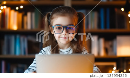 A kid girl learns online using futuristic technology. The concept of the integration of advanced digital tools in education, and learning experiences for the future generation. Generative AI. A kid girl learns online using futuristic technology. The concept of the integration of advanced digital tools in education, and learning experiences for the future generation. Generative AI. 125954226